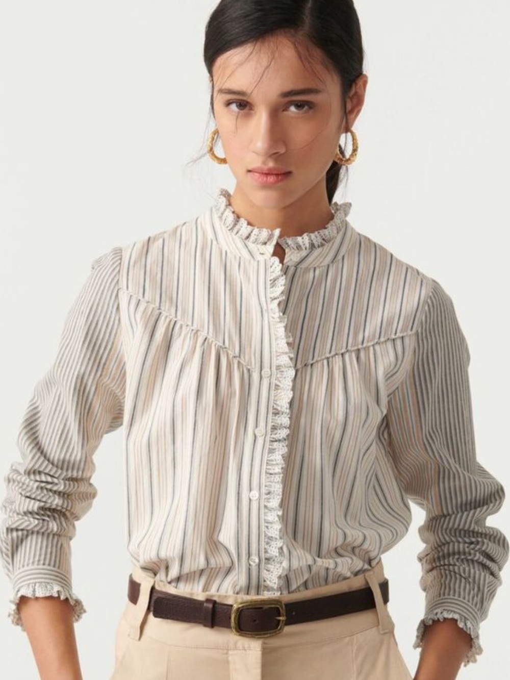 Ba&sh Striped Ruffle-Trim Button Front Top white/Beige/blue size medium - Picture 12 of 12